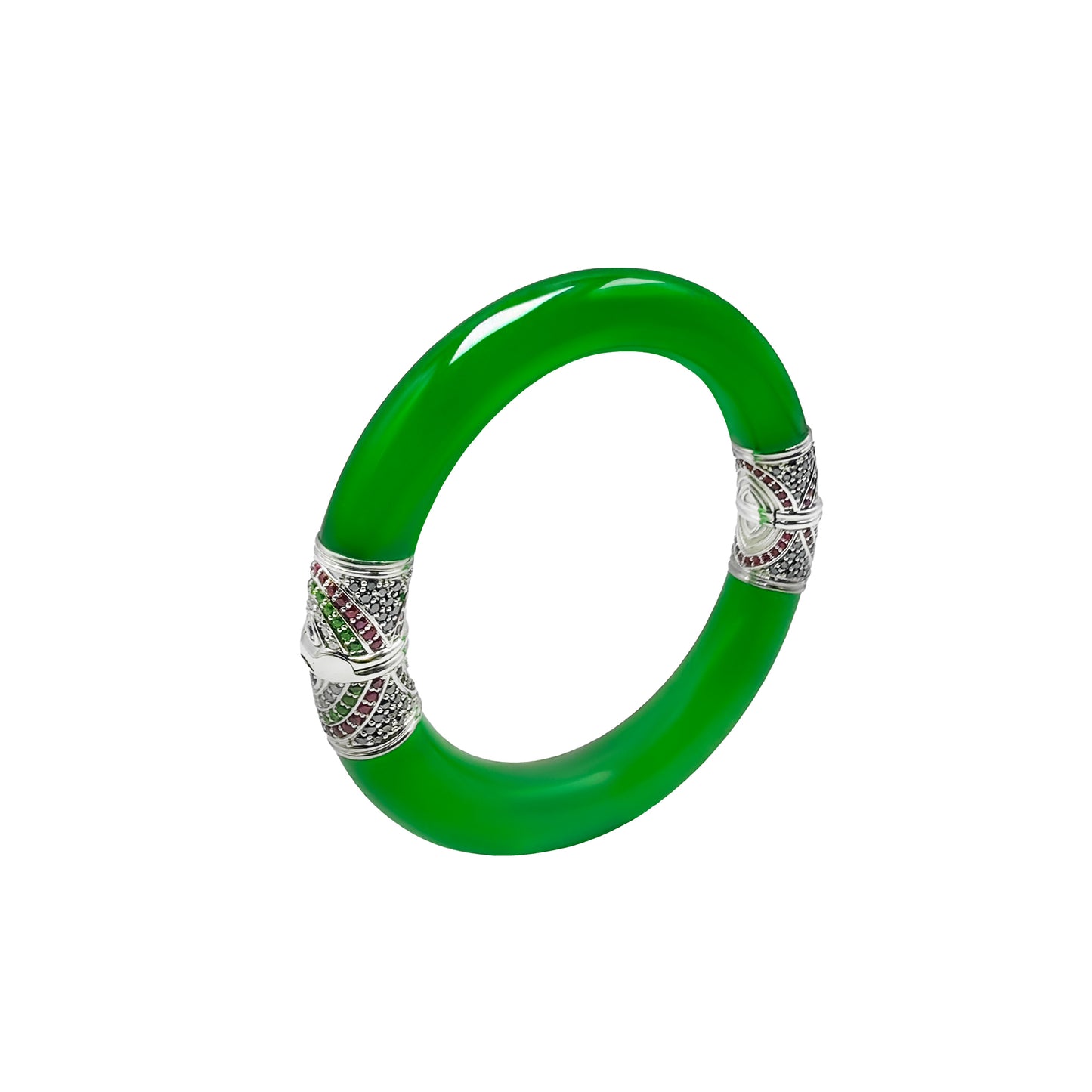 Round Jadeite Hinged Bangle with Pavé Rubies, Black Diamonds & Green Spinels in 18k Gold