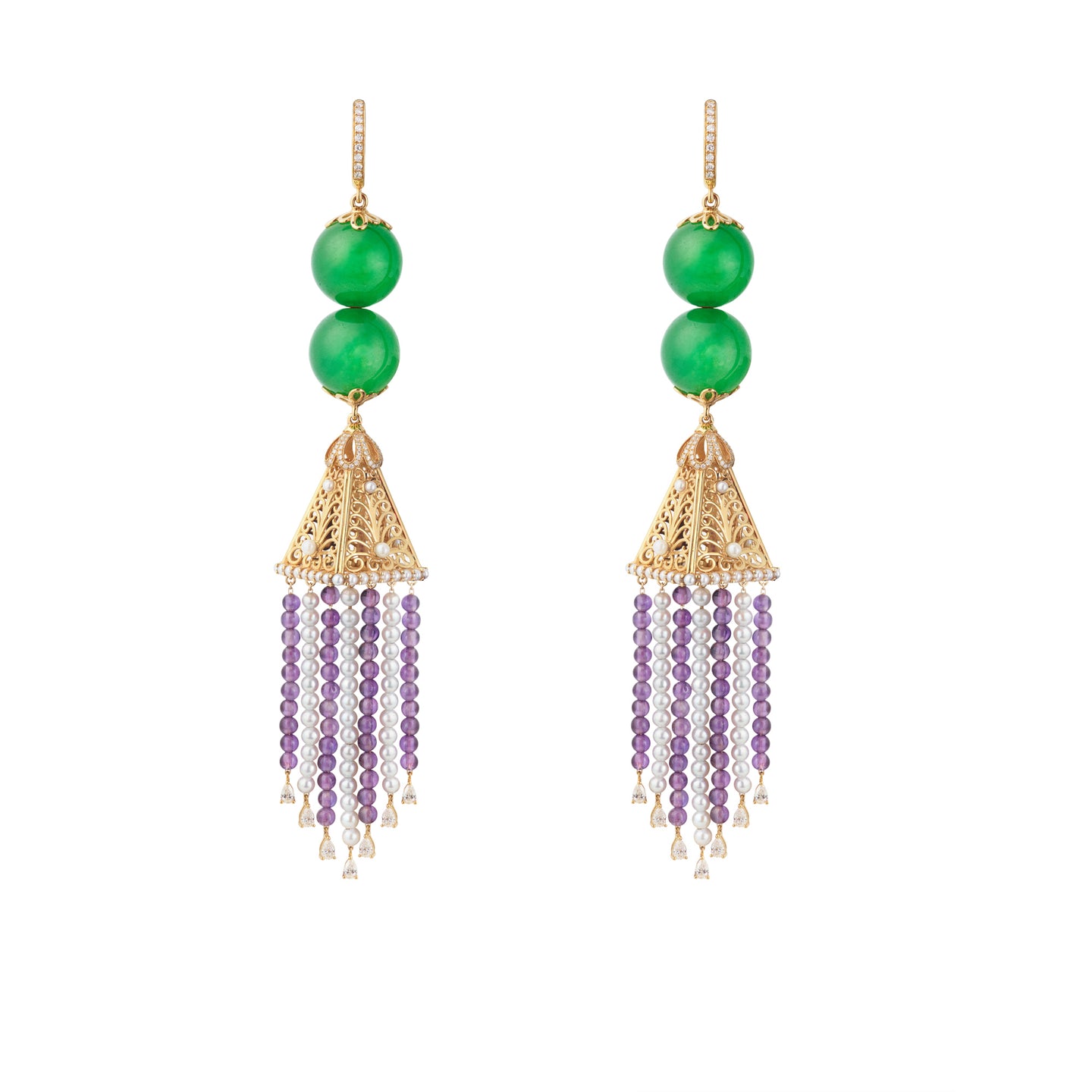 Jadeite & Gemstone Earrings in 18ct Gold with Lattice Work