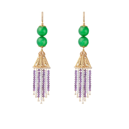 Jadeite & Gemstone Earrings in 18ct Gold with Lattice Work