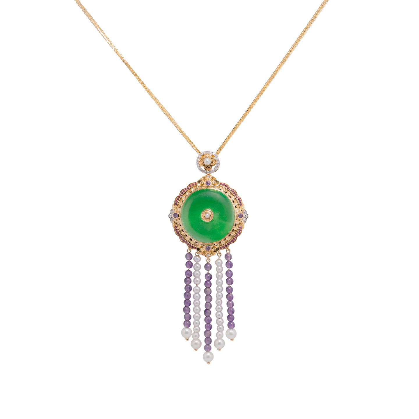 Imperial Jadeite & Gemstone Pendant in 18ct Gold with Amethyst and Arabian Gulf Pearl Strands