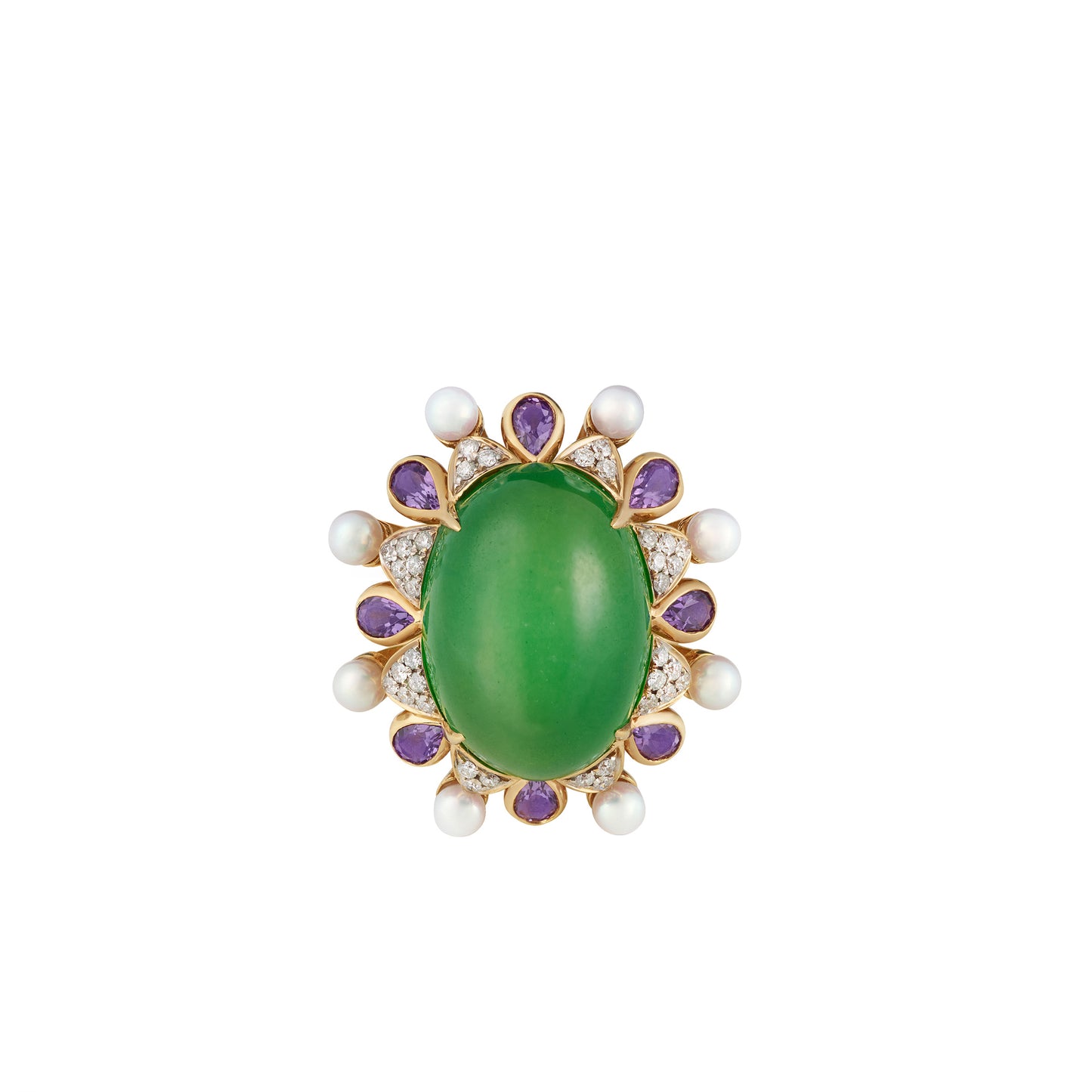 Imperial Jadeite Wide Band Ring with Gemstones, Diamonds & Arabian Gulf Pearls in 18k Gold