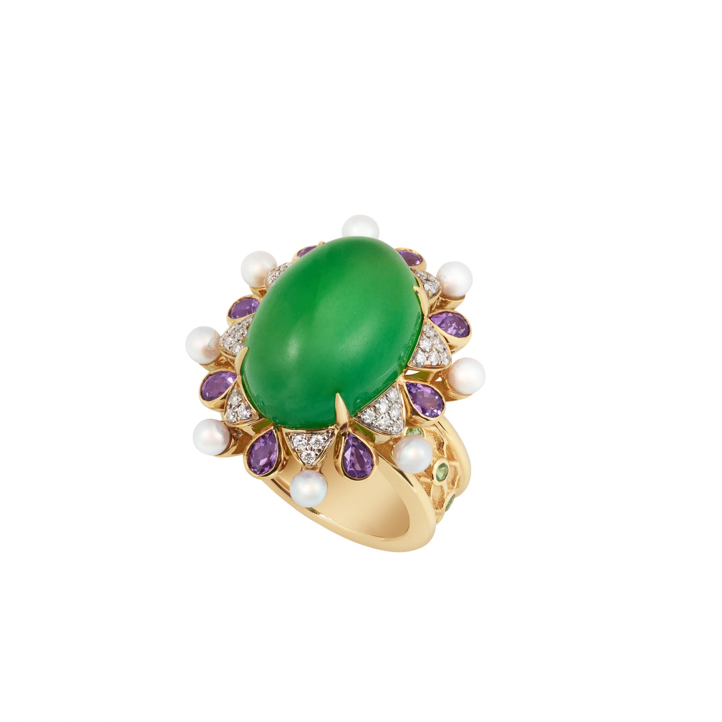 Imperial Jadeite Wide Band Ring with Gemstones, Diamonds & Arabian Gulf Pearls in 18k Gold