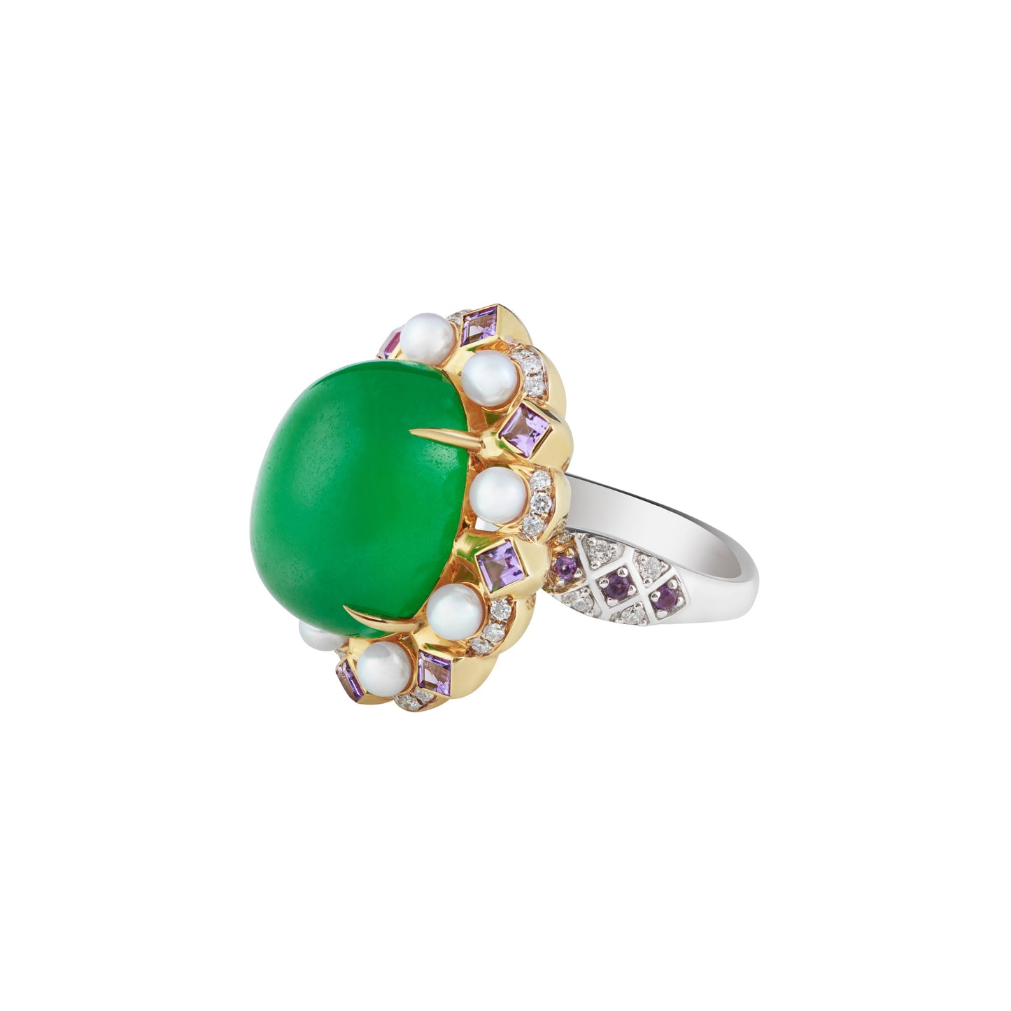 Imperial Jadeite Ring with Amethysts, Diamonds & Pearls in 18ct Yellow & White Gold