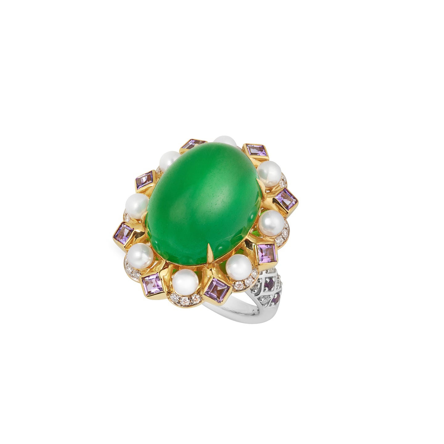 Imperial Jadeite Ring with Amethysts, Diamonds & Pearls in 18ct Yellow & White Gold