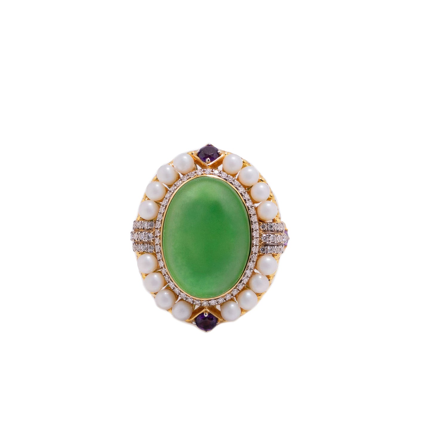 Jadeite & Gemstone Ring in 18ct Yellow Gold with Geometric Detailing
