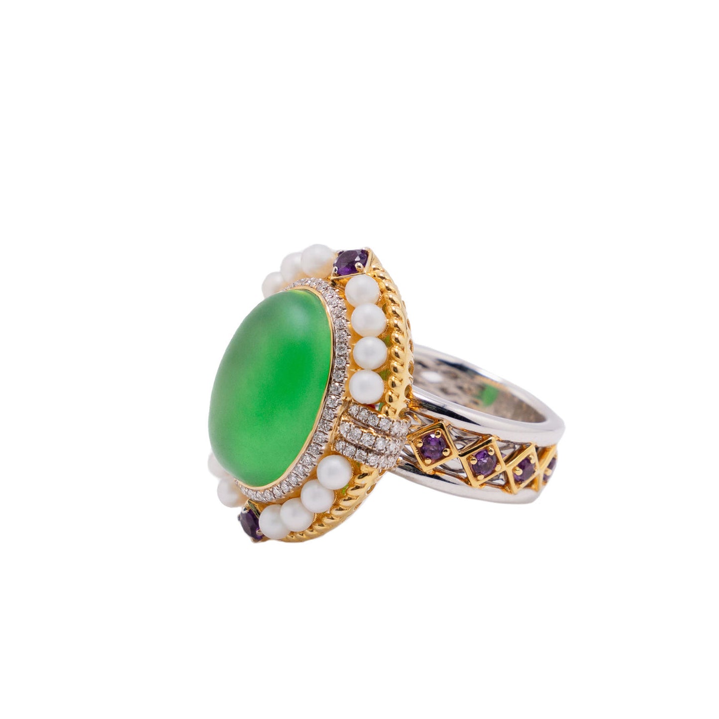 Jadeite & Gemstone Ring in 18ct Yellow Gold with Geometric Detailing