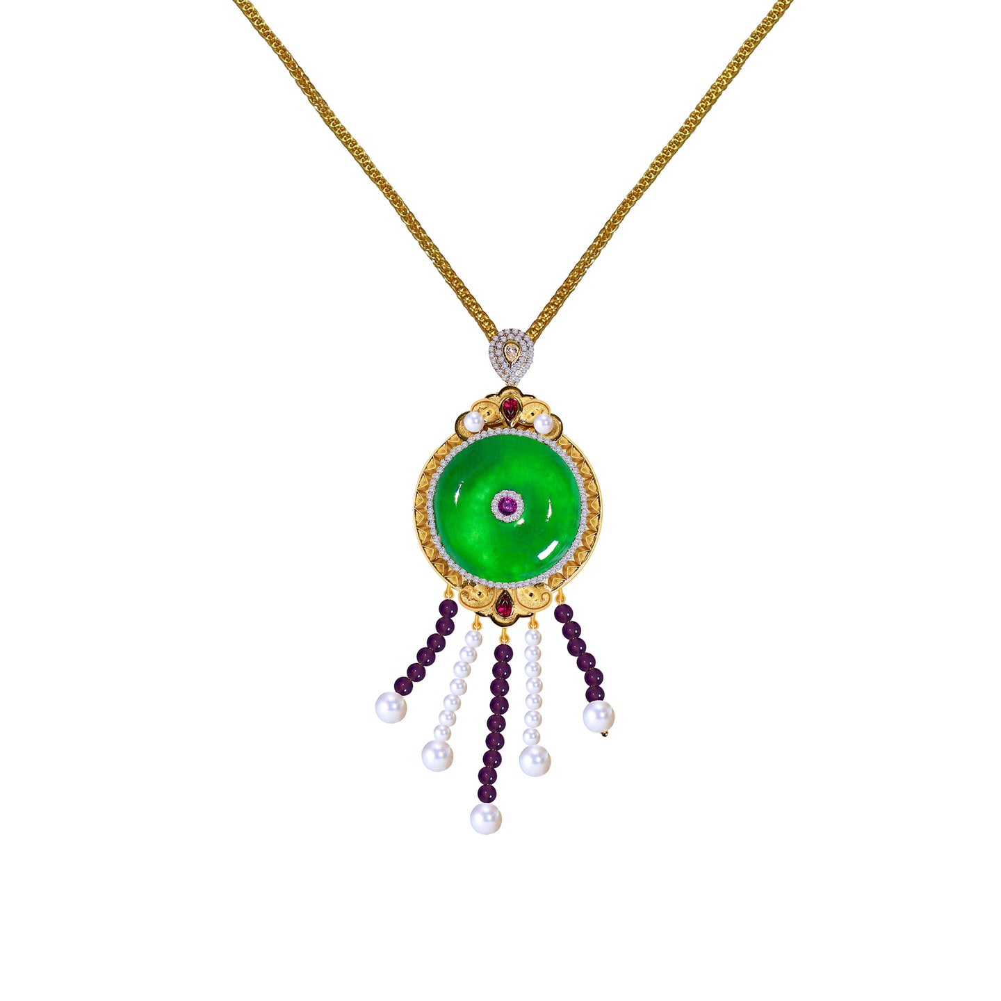 Imperial Jadeite & Amethyst Pendant in 18ct Gold with Arabian Gulf Pearl Strands