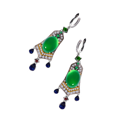 Jadeite & Gemstone Earrings in 18ct Gold with Coloured Sapphire Drops