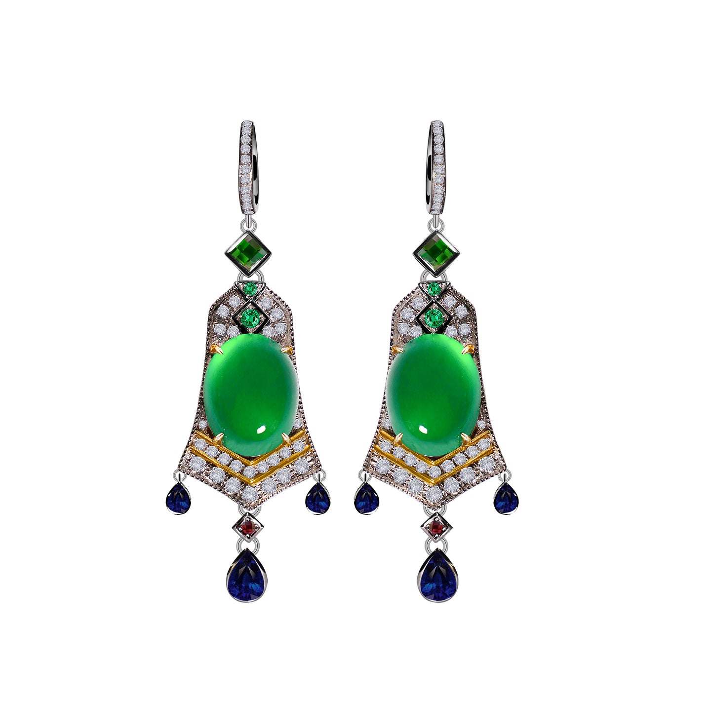 Jadeite & Gemstone Earrings in 18ct Gold with Coloured Sapphire Drops