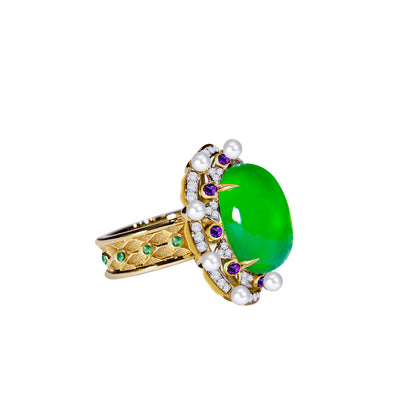Imperial Jadeite Ring with Amethysts, Diamonds & Pearls in 18ct Gold