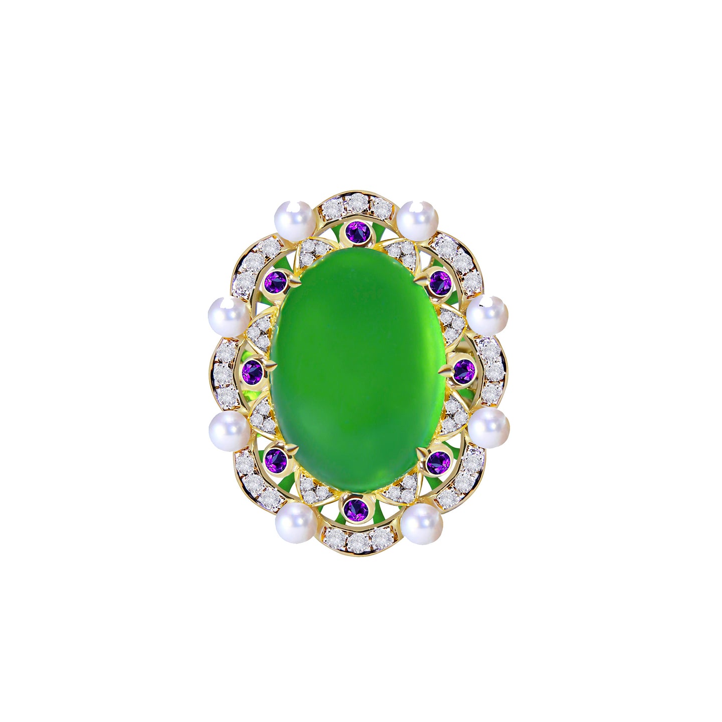 Imperial Jadeite Ring with Amethysts, Diamonds & Pearls in 18ct Gold