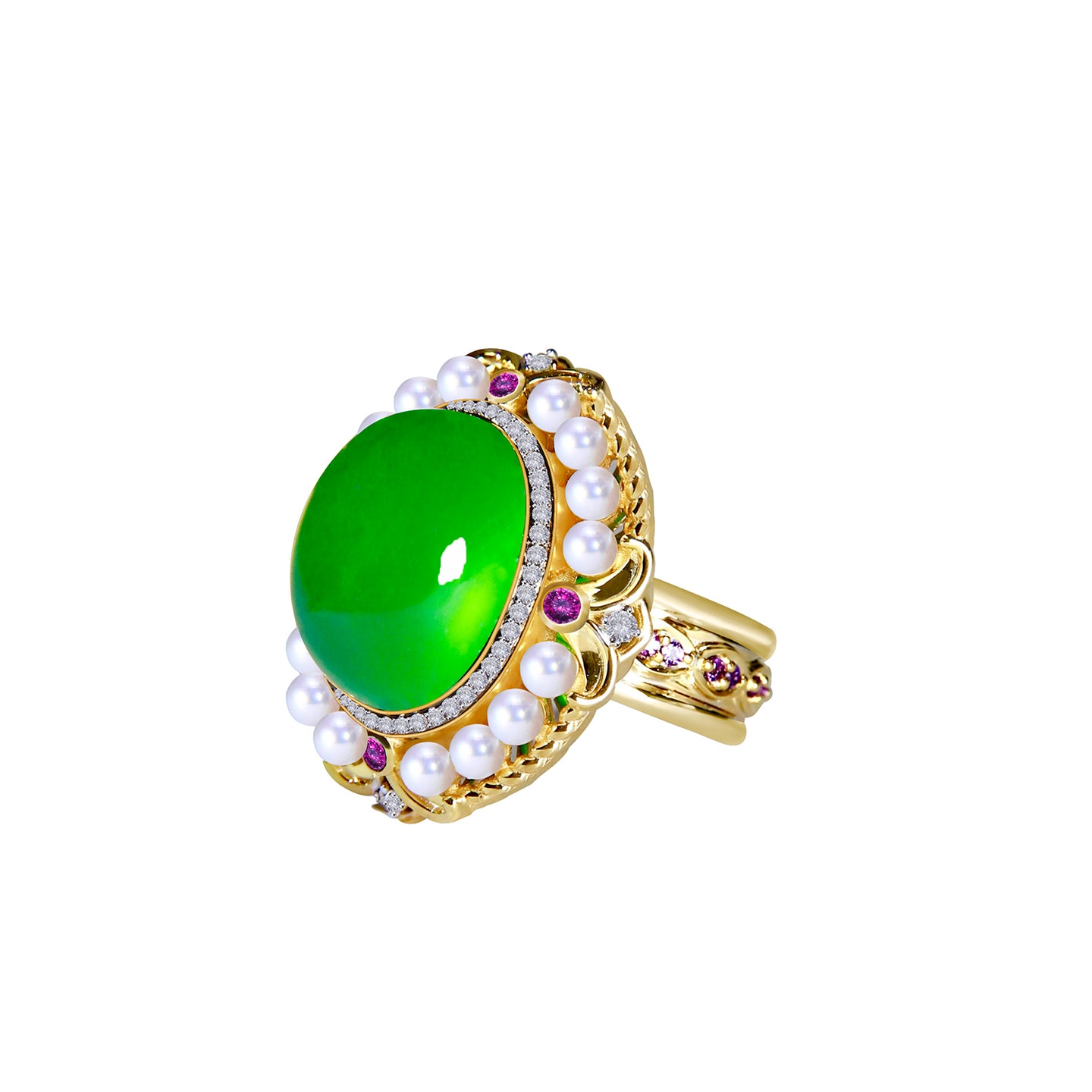 Imperial Jadeite Ring with Amethysts, Diamonds & Arabian Gulf Pearls in 18k Gold