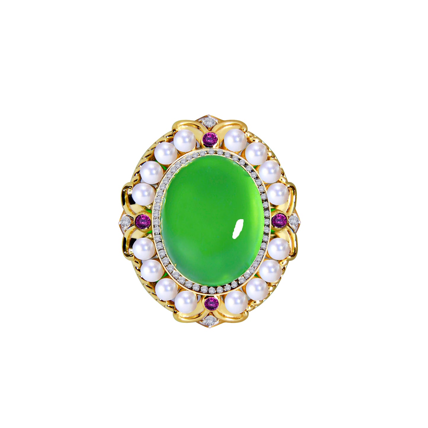 Imperial Jadeite Ring with Amethysts, Diamonds & Arabian Gulf Pearls in 18k Gold