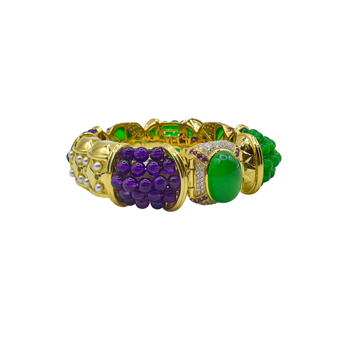 18k Gold Hinged Cuff with Imperial Jadeite, Diamonds, Amethyst & Arabian Gulf Pearls