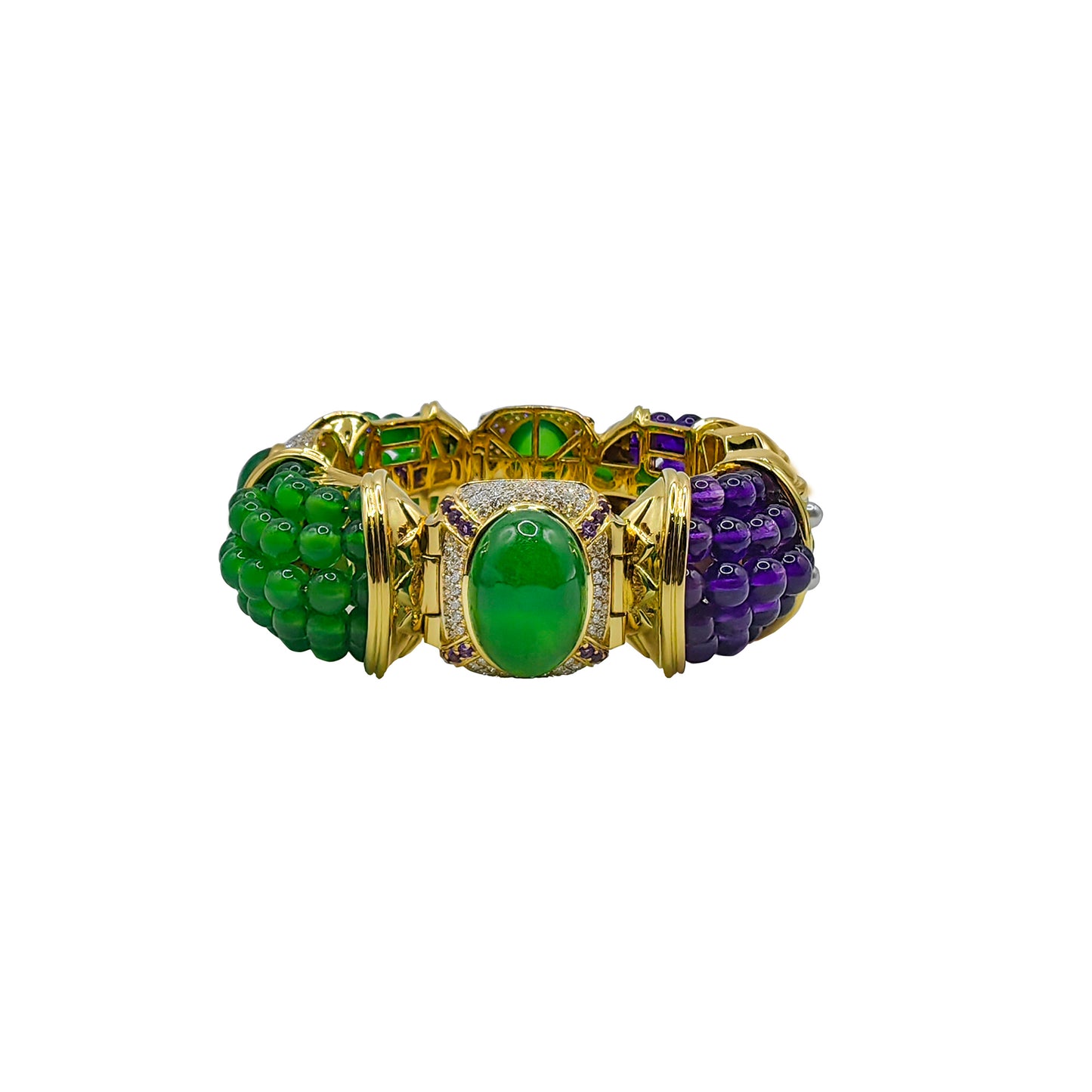 18k Gold Hinged Cuff with Imperial Jadeite, Diamonds, Amethyst & Arabian Gulf Pearls