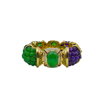 18k Gold Hinged Cuff with Imperial Jadeite, Diamonds, Amethyst & Arabian Gulf Pearls