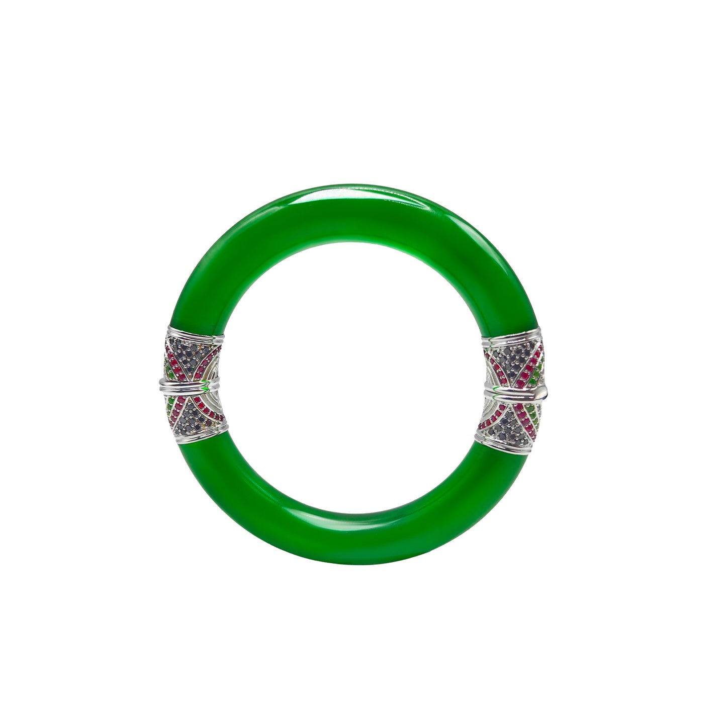 Round Jadeite Hinged Bangle with Pavé Rubies, Black Diamonds & Green Spinels in 18k Gold