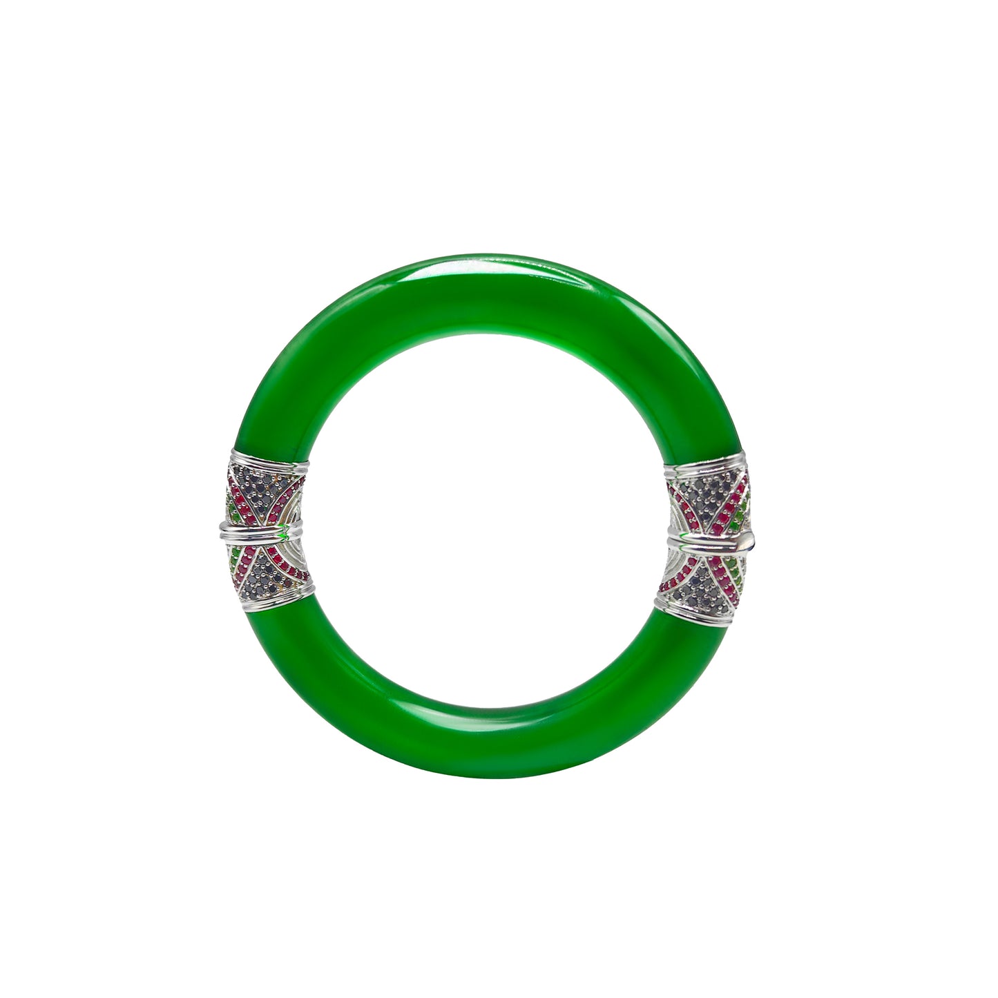 Round Jadeite Hinged Bangle with Pavé Rubies, Black Diamonds & Green Spinels in 18k Gold