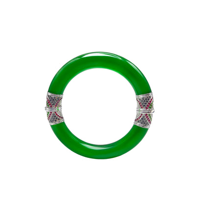 Round Jadeite Hinged Bangle with Pavé Rubies, Black Diamonds & Green Spinels in 18k Gold