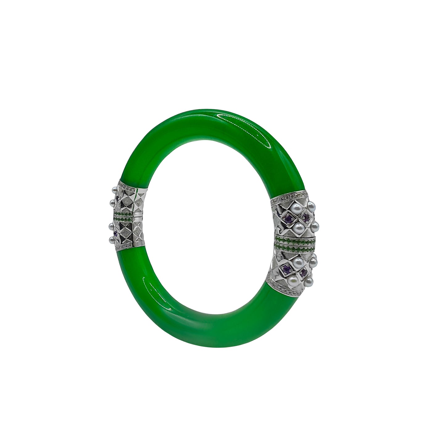 Round Jadeite Hinged Bangle with Amethysts, Green Spinels & Pearls in 18k Gold