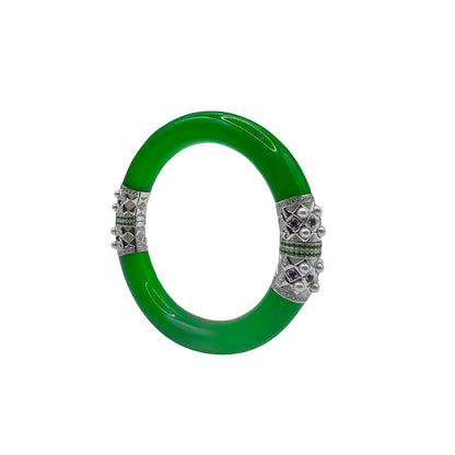 Round Jadeite Hinged Bangle with Amethysts, Green Spinels & Pearls in 18k Gold