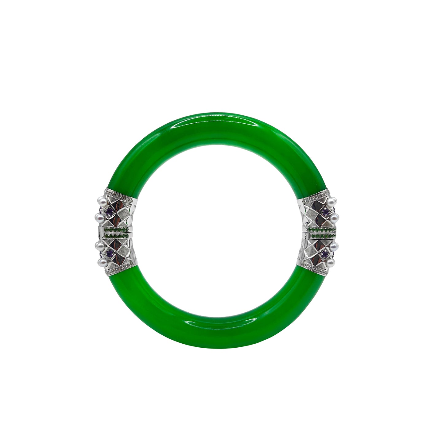 Round Jadeite Hinged Bangle with Amethysts, Green Spinels & Pearls in 18k Gold