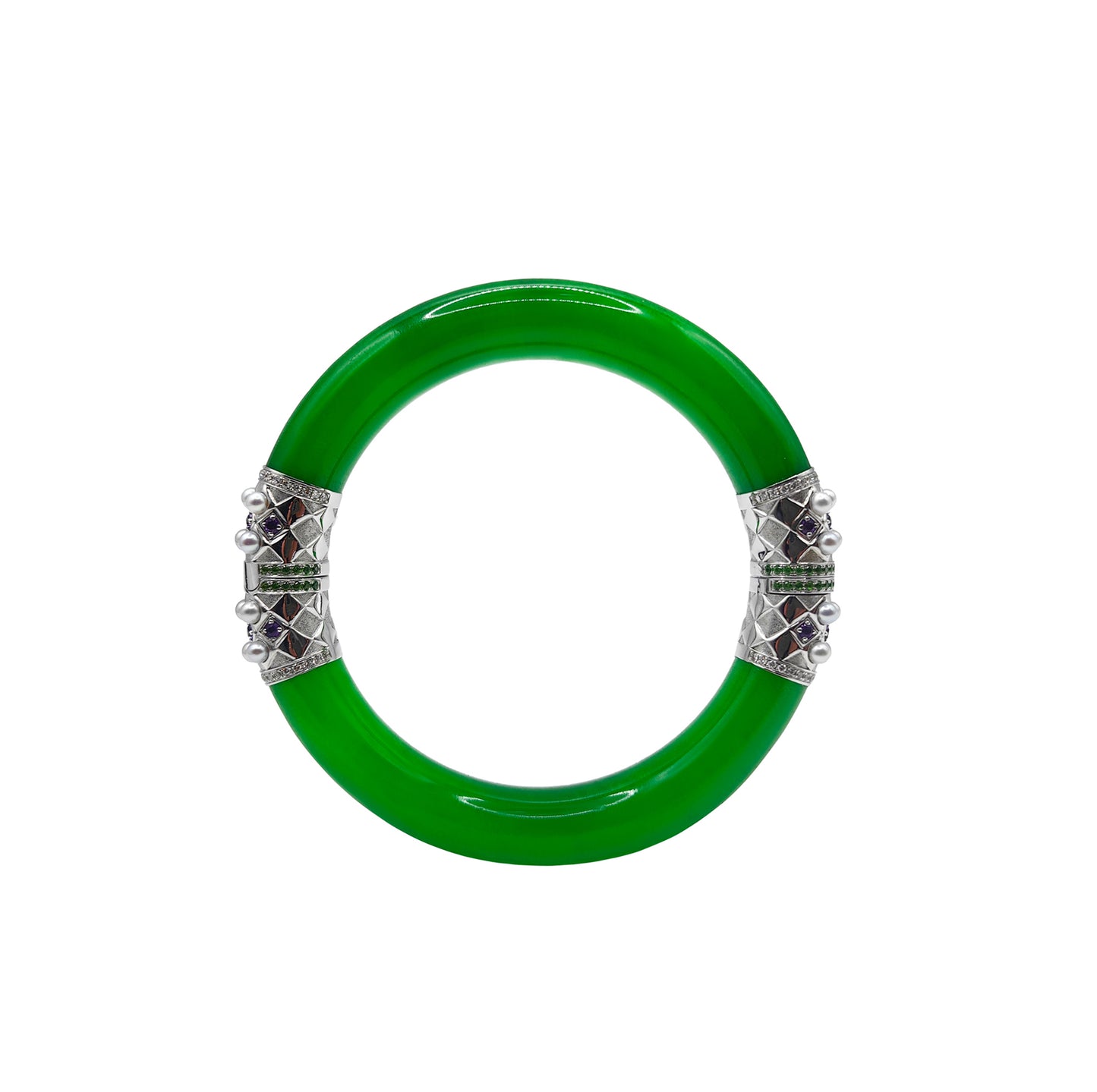 Round Jadeite Hinged Bangle with Amethysts, Green Spinels & Pearls in 18k Gold