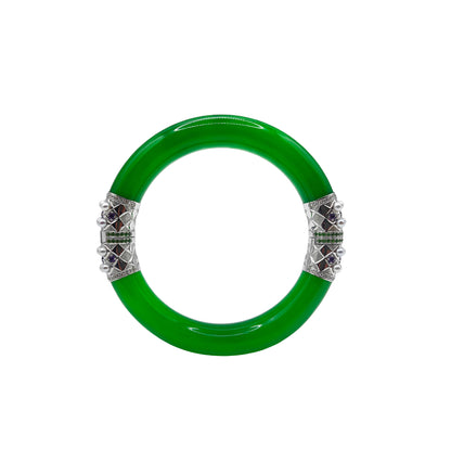 Round Jadeite Hinged Bangle with Amethysts, Green Spinels & Pearls in 18k Gold