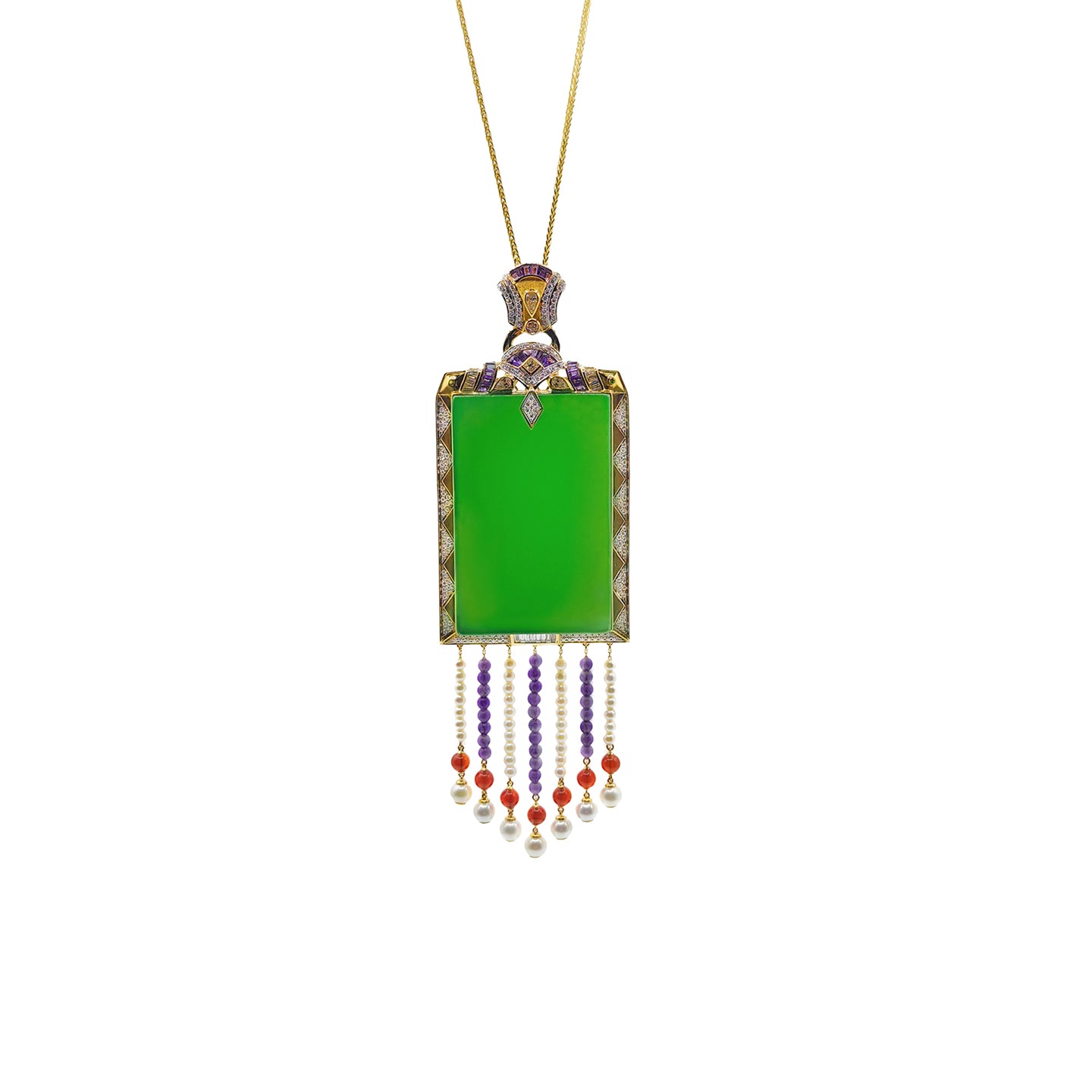 Imperial Jadeite & Gemstone Pendant in 18ct Gold with Beaded Strands