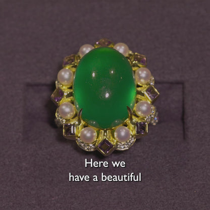 Imperial Jadeite Ring with Amethysts, Diamonds & Pearls in 18ct Yellow & White Gold