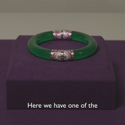 Round Jadeite Hinged Bangle with Pavé Rubies, Black Diamonds & Green Spinels in 18k Gold