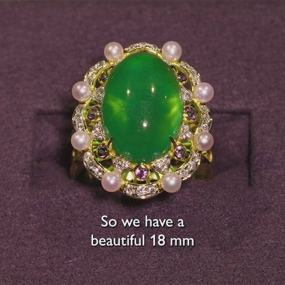 Imperial Jadeite Ring with Amethysts, Diamonds & Pearls in 18ct Gold