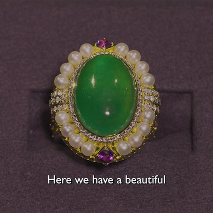 Jadeite & Gemstone Ring in 18ct Yellow Gold with Geometric Detailing