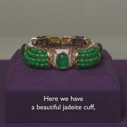 18k Gold Hinged Cuff with Imperial Jadeite, Diamonds, Amethyst & Arabian Gulf Pearls