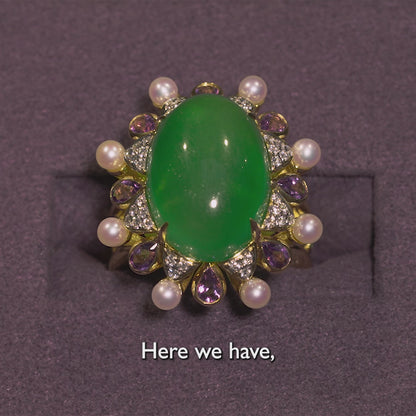 Imperial Jadeite Wide Band Ring with Gemstones, Diamonds & Arabian Gulf Pearls in 18k Gold