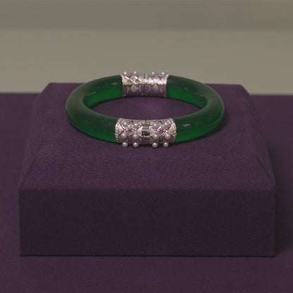 Round Jadeite Hinged Bangle with Amethysts, Green Spinels & Pearls in 18k Gold