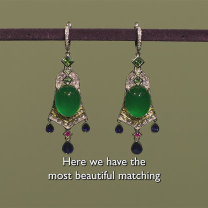 Jadeite & Gemstone Earrings in 18ct Gold with Coloured Sapphire Drops