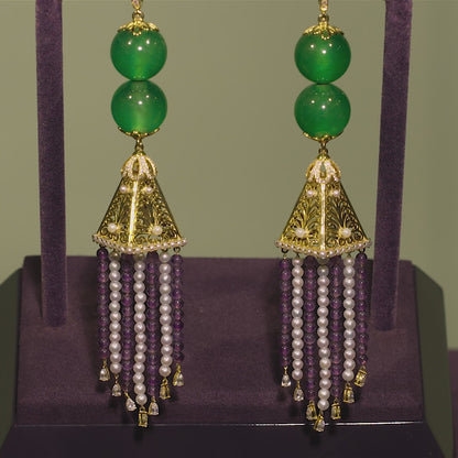 Jadeite & Gemstone Earrings in 18ct Gold with Lattice Work